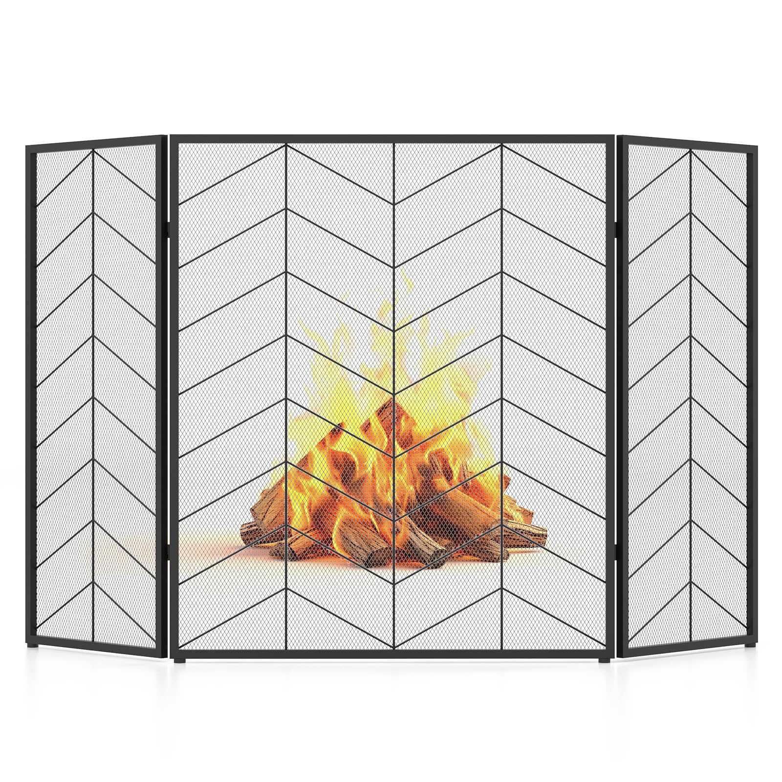 Tangkula 52 x 31 Inch Fireplace Screen, 3-Panel Folding Spark Guard w/Chevron Herringbone Pattern